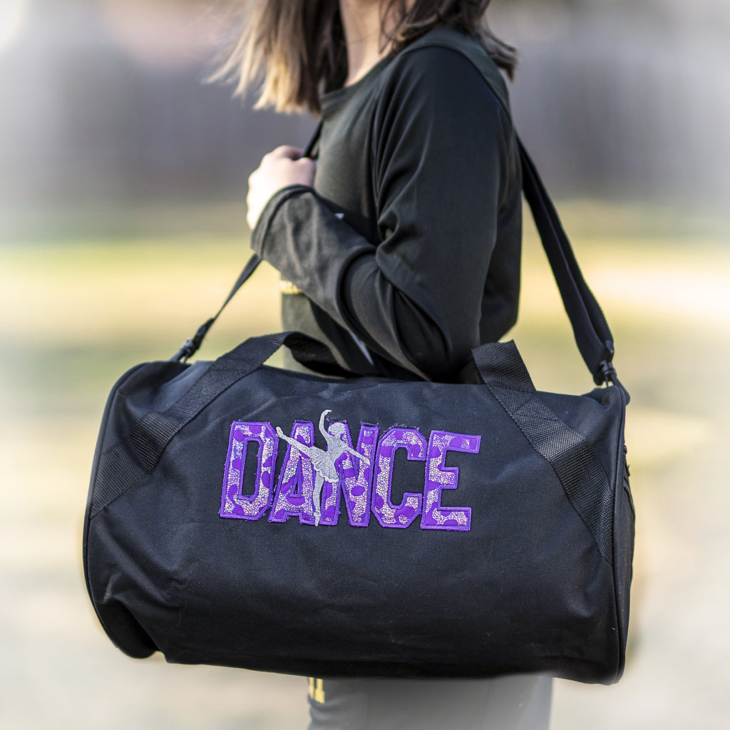 personalized dance duffel bag with purple engraving
