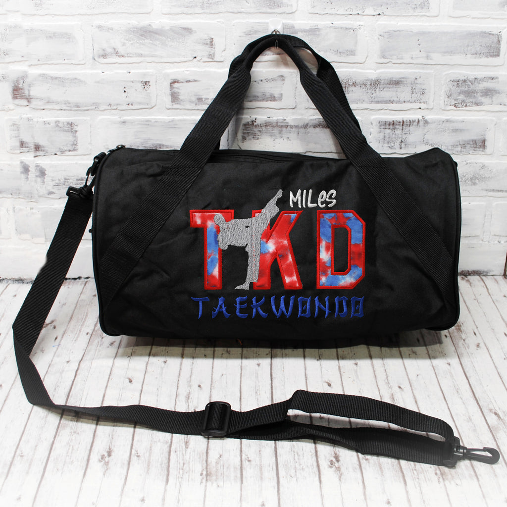 Personalized Tae Kwan Do red white blue duffle bag for boys