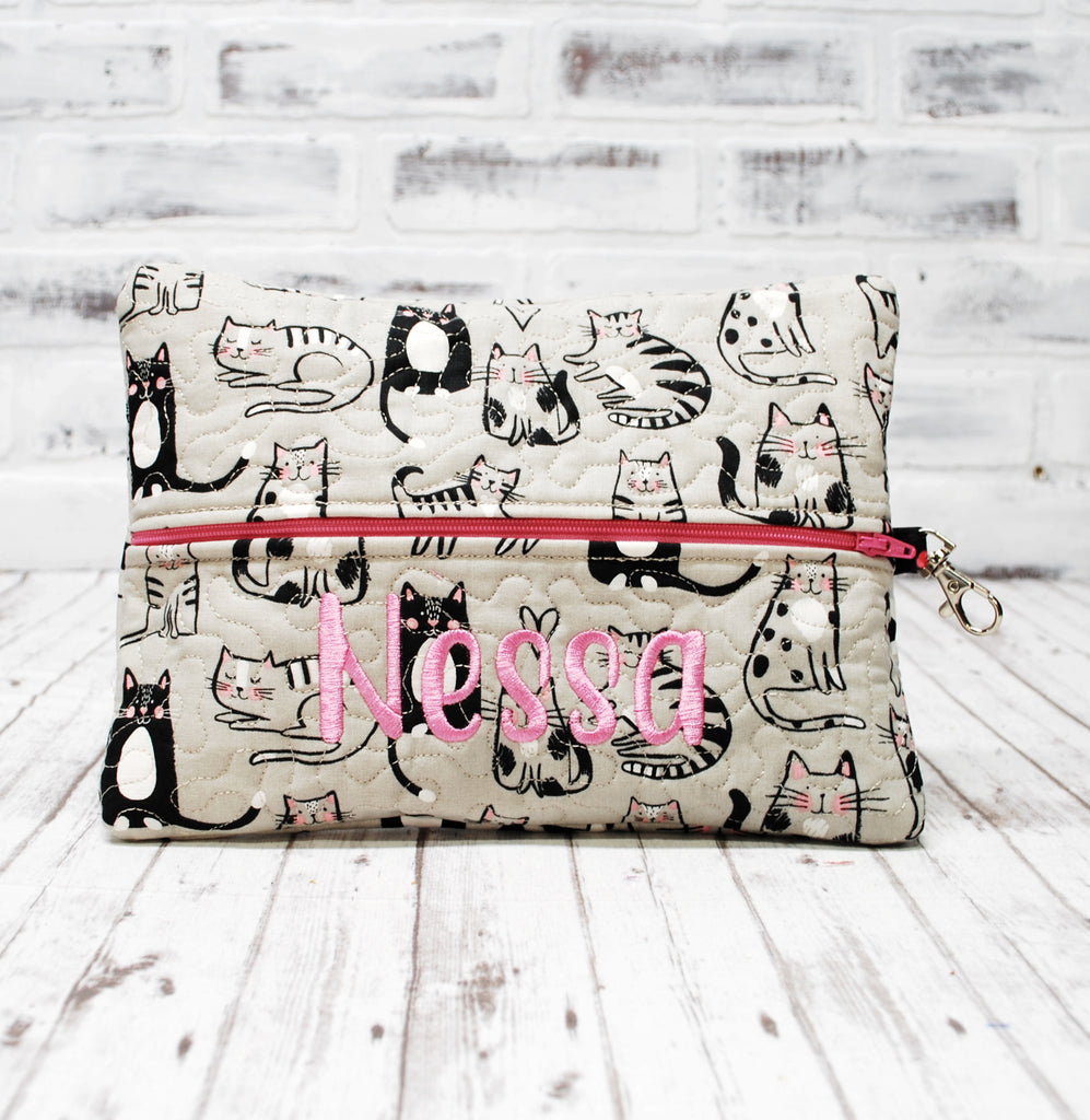 Personalized Kitties on gray pencil case available in 5 sizes