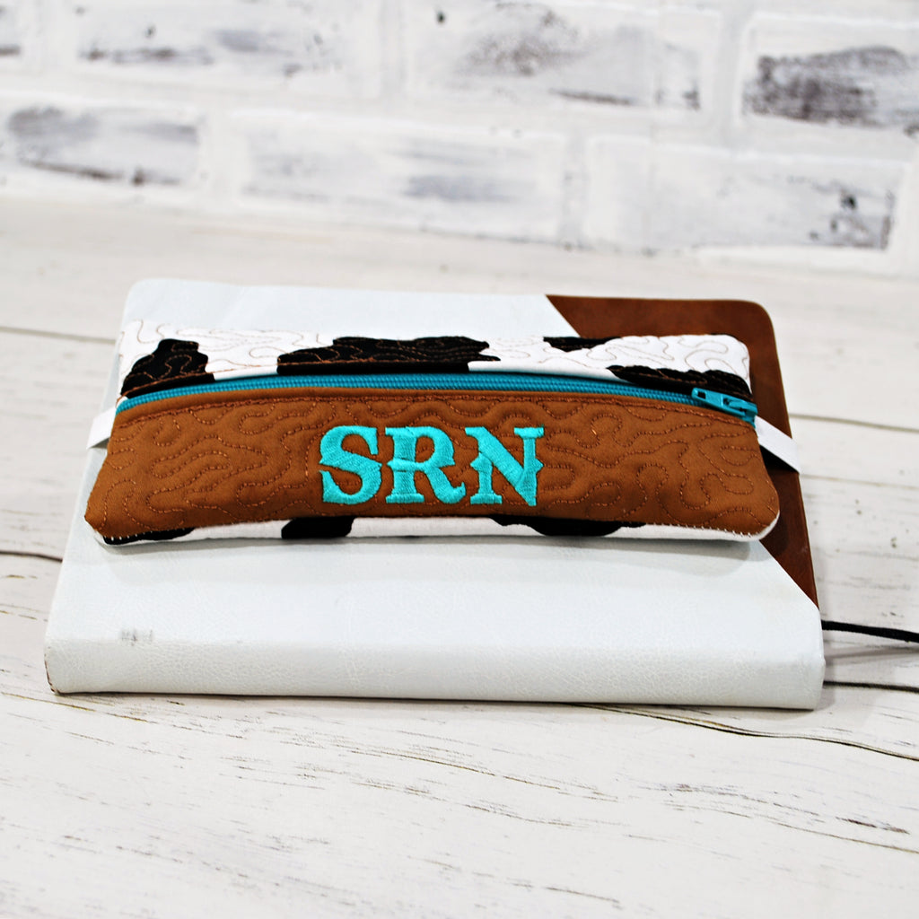 Personalized Western Cow Print with leather and teal - Quilted Case
