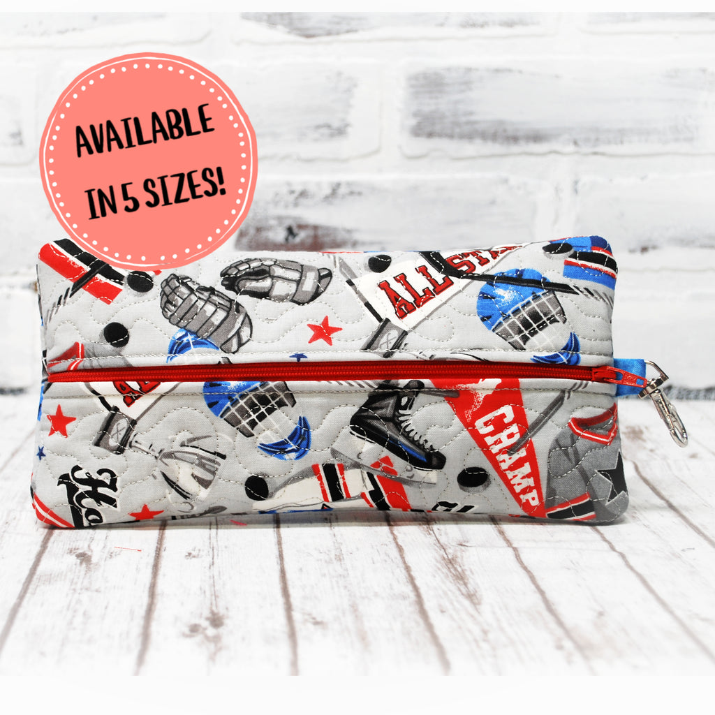 Personalized hockey zippered pouch with clasp comes in 5 sizes