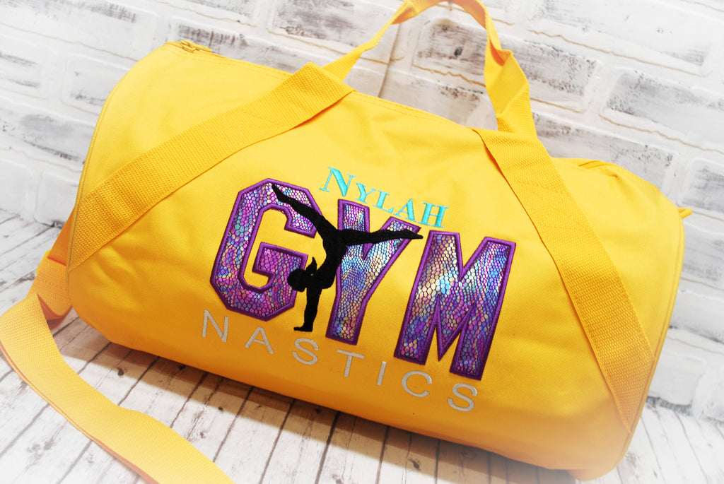Personalized Gymnastics Purple Shimmer Yellow Duffle Bag