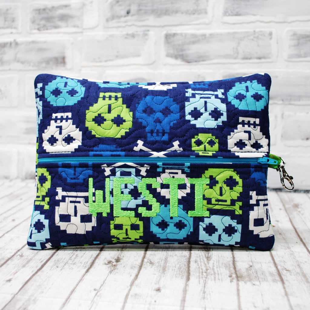 Personalized Pixel Skull Pencil case, available in 5 sizes.